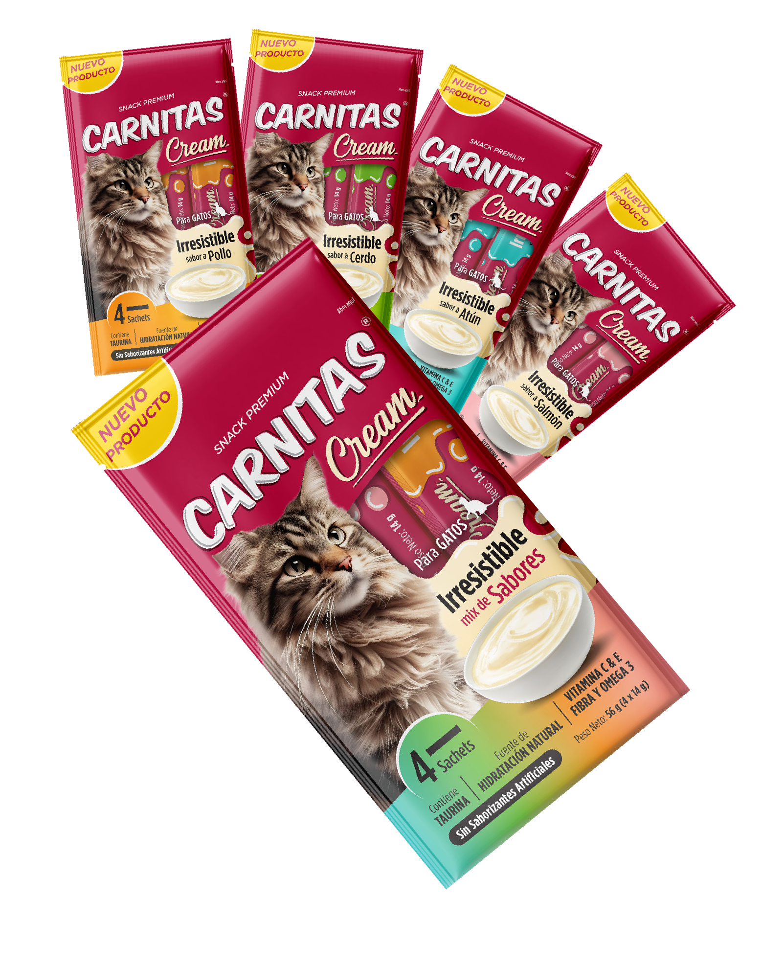 Snack Cremoso Carnitas cream gato Pollo, Cerdo, Salmón, Atún y Multipack.