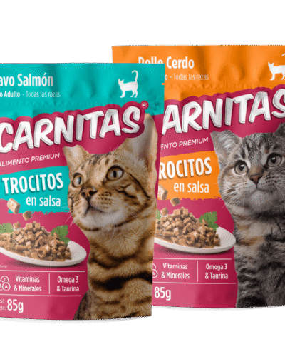 Trocitos en salsa gato. Pavo Salmón y Pollo Cerdo